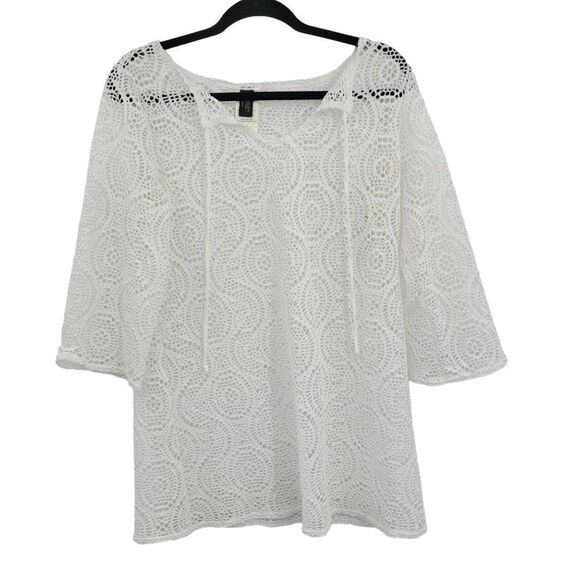Laundry by Shelli Segal Swimsuit Coverup S White Lace 3/4 Sleeve Tunic Tie Neck - Picture 1 of 14